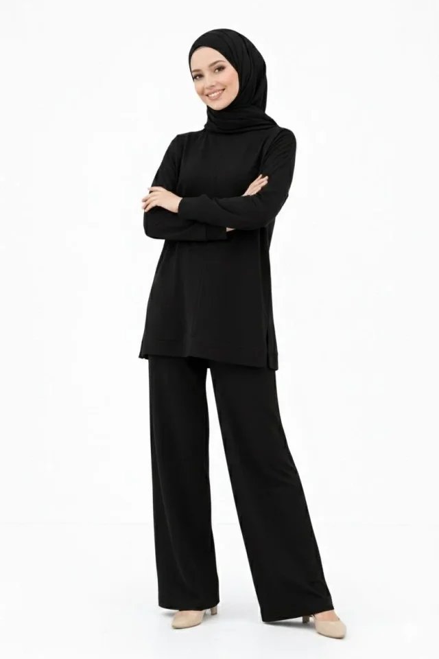 Osy Modal Yumuşak Dokulu Tesettür İkili Takım Yan Yırtmaçlı Uzun Tunik Ve Düz Paça Pantolon, Salaş Kalıp