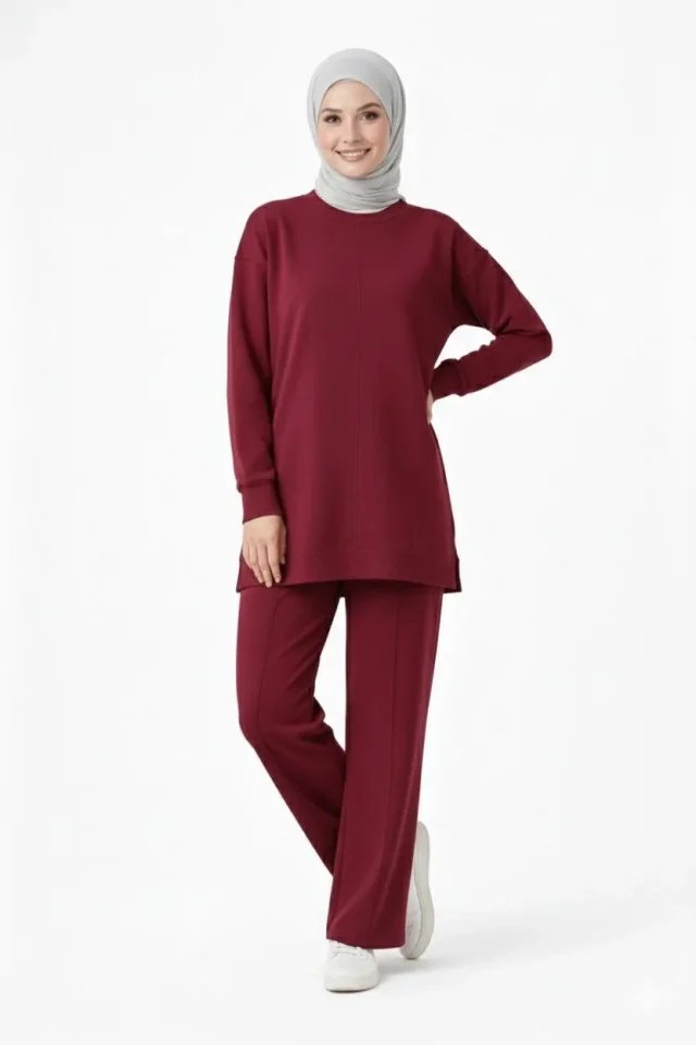 Osy Modal Yumuşak Dokulu Tesettür İkili Takım Yan Yırtmaçlı Uzun Tunik Ve Düz Paça Pantolon, Salaş Kalıp