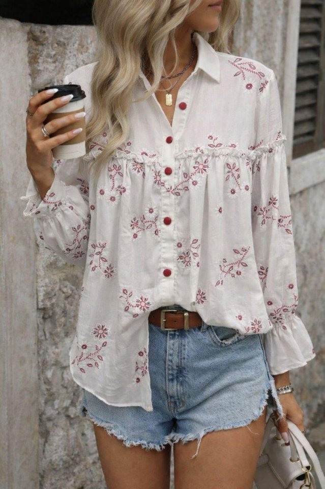 Kadın Nakış Işlemeli Kolu Volanlı Gömlek