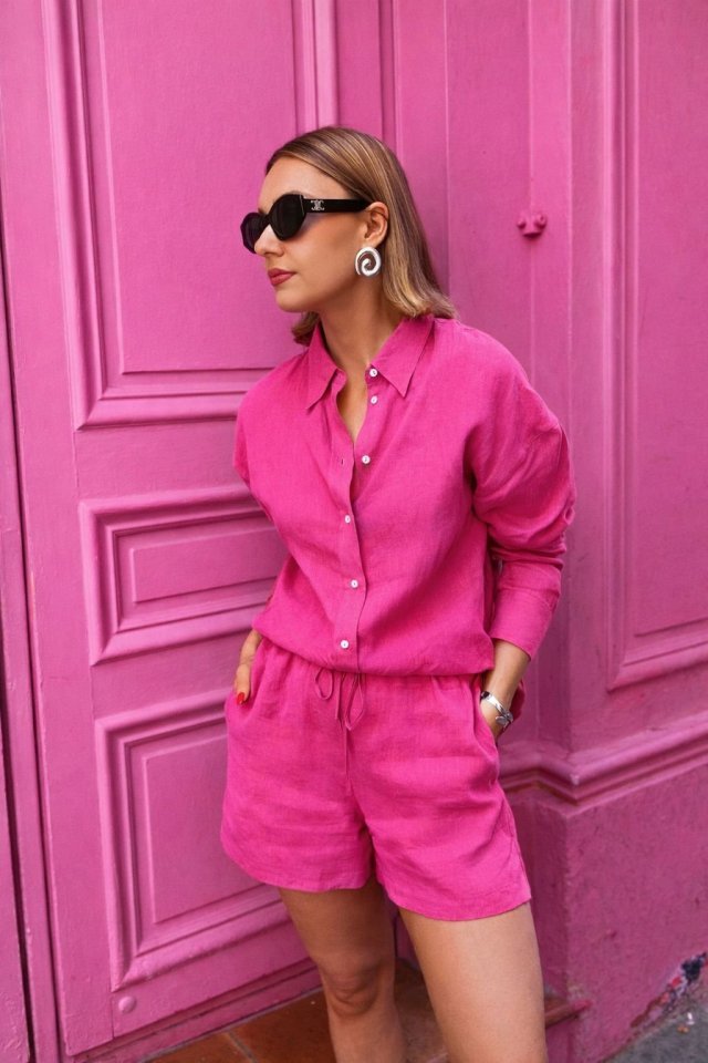 Kadın Uzun Kollu Salaş Gömlek Ve şort Keten Ikili Takım