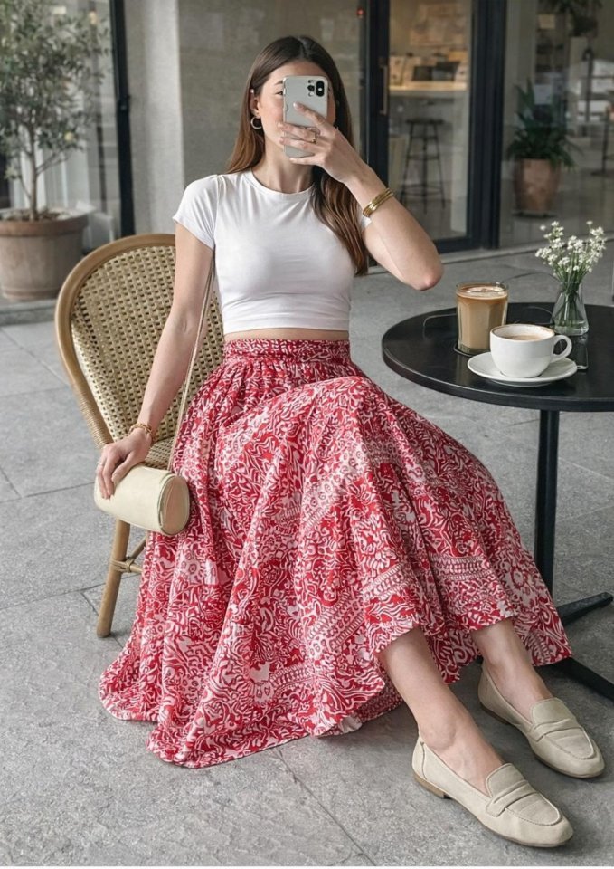 Kadın Yüksek Bel Etnik Desen Baskılı Beli Lastikliastarlı Etek