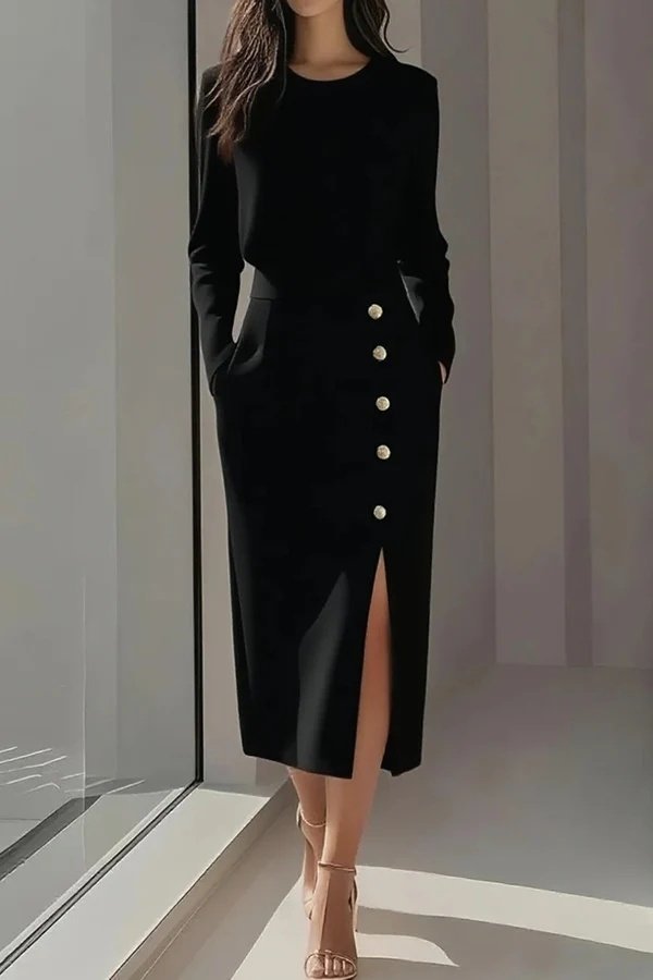Kadın Uzun Kollu Bisiklet Yakalı Yandan Yırtmaçlı Düğmeli Midi Ithal Krep Elbise