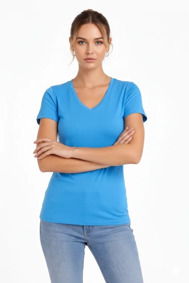T-Shirt V Yaka Slim Fit Likralı Tişört Günlük Basic Body