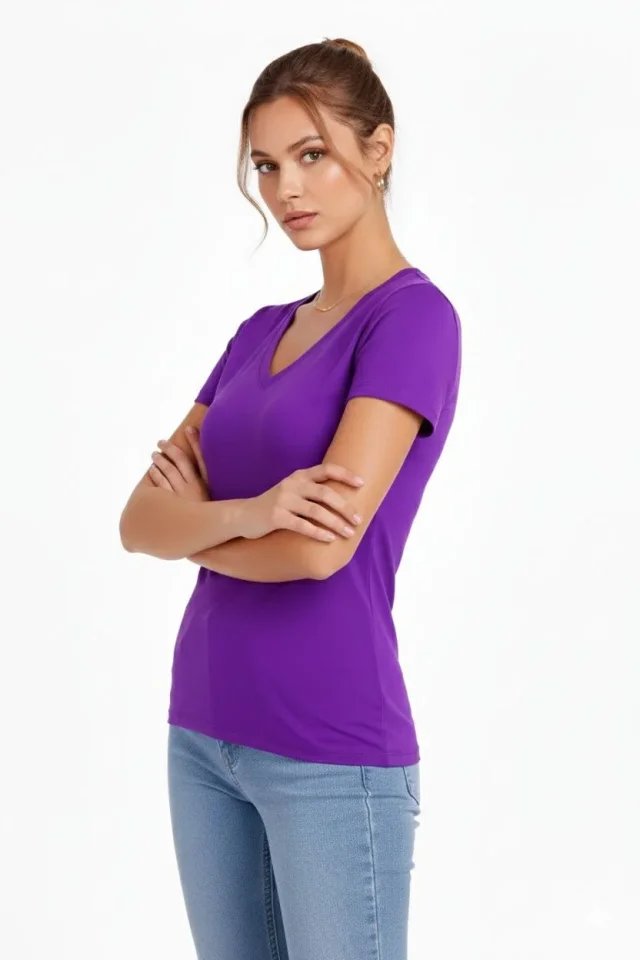 T-Shirt V Yaka Slim Fit Likralı Tişört Günlük Basic Body