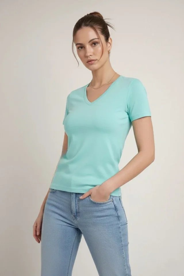 T-Shirt V Yaka Slim Fit Likralı Tişört Günlük Basic Body