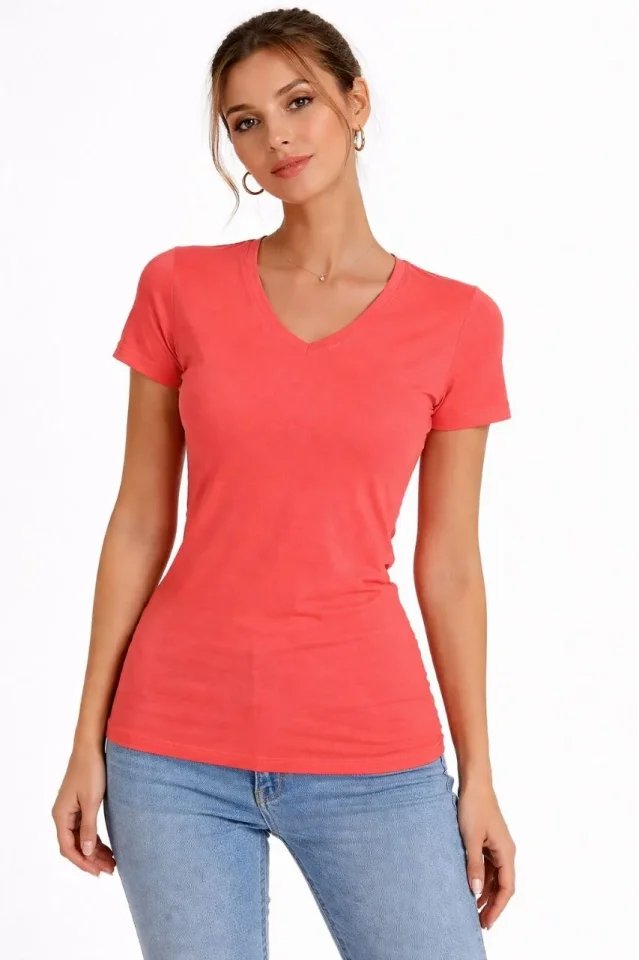 T-Shirt V Yaka Slim Fit Likralı Tişört Günlük Basic Body