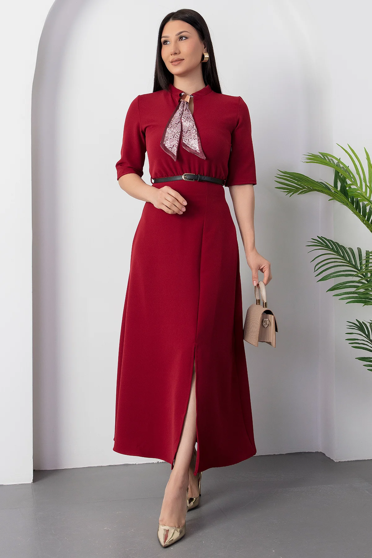 Kadın Kısa Kollu Fular Ve Kemer Detay önden Yırtmaçlı Maxi Boy Elbise