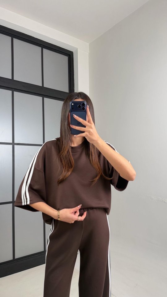 Kadın Yarasa Kol Yanları şerit Detay Modal Kumaş Ikili Takım