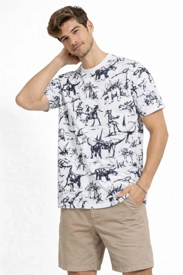 Erkek Beyaz Dinozor Desenli Tişört – Regular Fit, Bisiklet Yaka, Dijital Baskılı Pamuklu T-Shirt