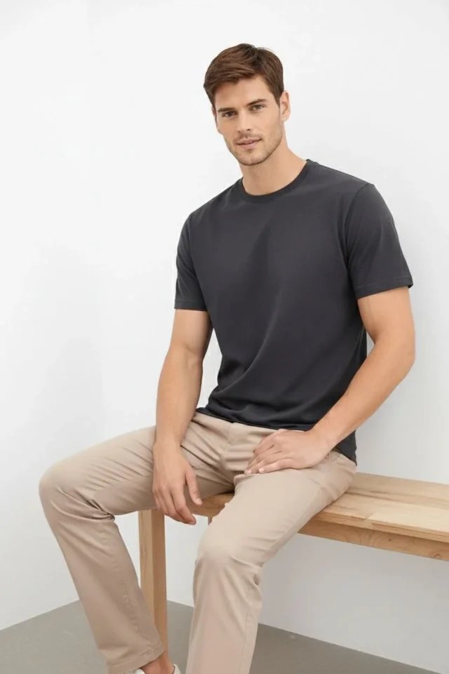 Erkek Bisiklet Yaka Tişört Regular Kalıp Basic Pamuklu Günlük Kullanım T-shirt