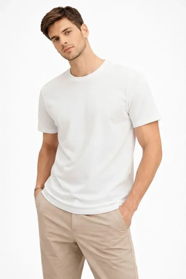 Erkek Bisiklet Yaka Tişört Regular Kalıp Basic Pamuklu Günlük Kullanım T-shirt