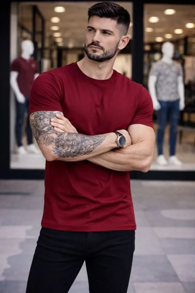 Erkek T-Shirt Bisiklet Yaka Slim Fit Dar Kesim Likralı Tişört Günlük Basic Body