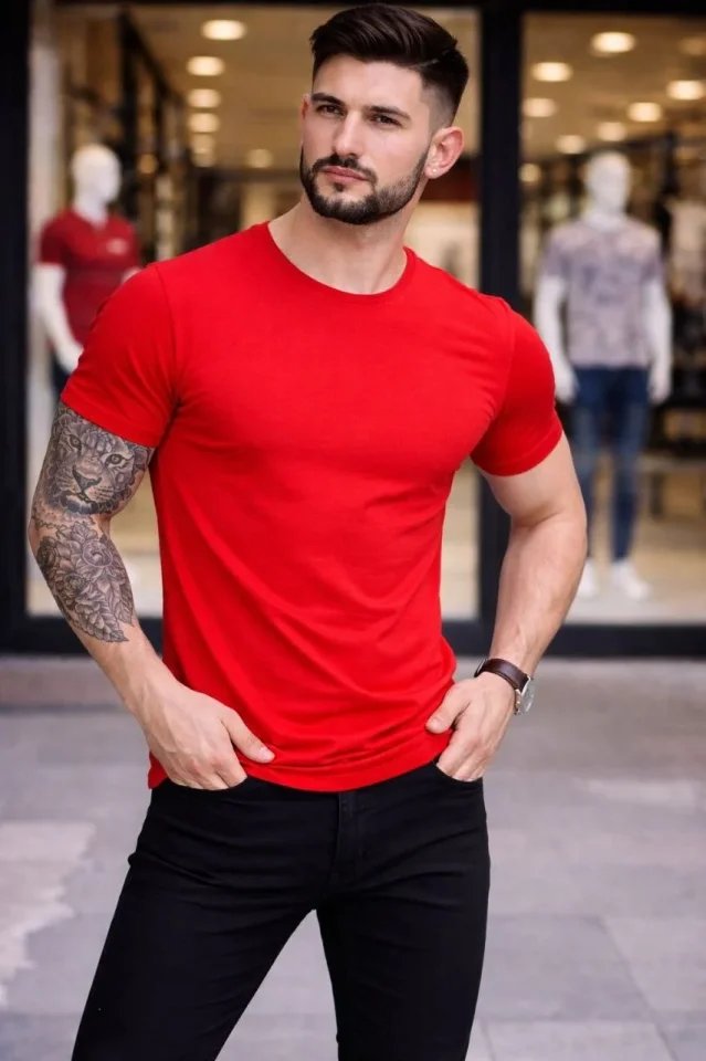 Erkek T-Shirt Bisiklet Yaka Slim Fit Dar Kesim Likralı Tişört Günlük Basic Body