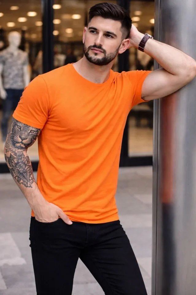 Erkek T-Shirt Bisiklet Yaka Slim Fit Dar Kesim Likralı Tişört Günlük Basic Body