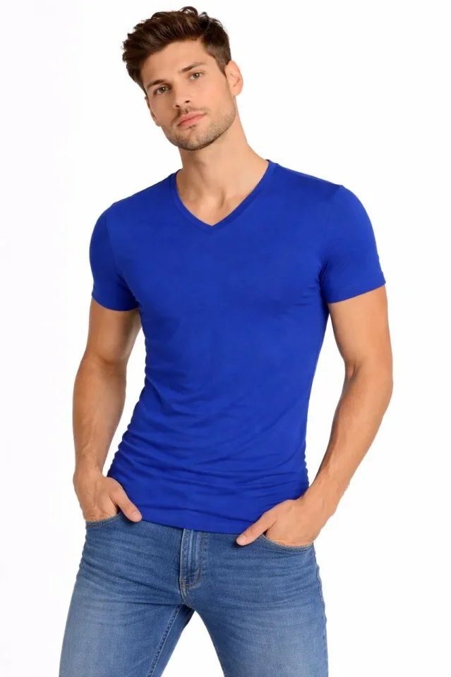 Erkek T-Shirt V Yaka Slim Fit Dar Kesim Likralı Tişört Günlük Basic Body
