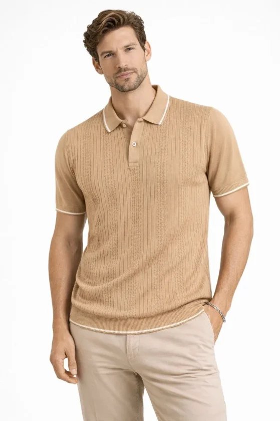 Erkek Düğmeli Yaka Triko Dokuma Tişört Desenli Yazlık Şık Günlük Triko Tişört