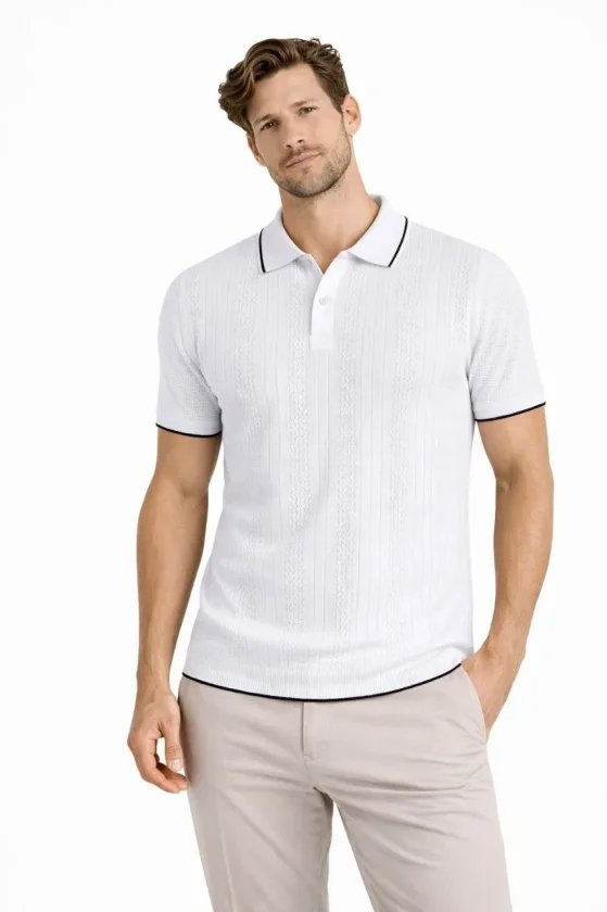 Erkek Düğmeli Yaka Triko Dokuma Tişört Desenli Yazlık Şık Günlük Triko Tişört