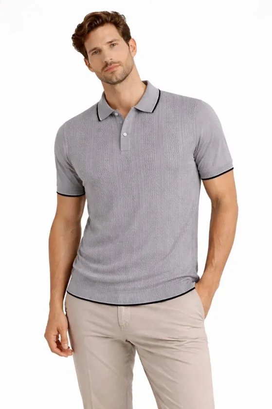 Erkek Düğmeli Yaka Triko Dokuma Tişört Desenli Yazlık Şık Günlük Triko Tişört