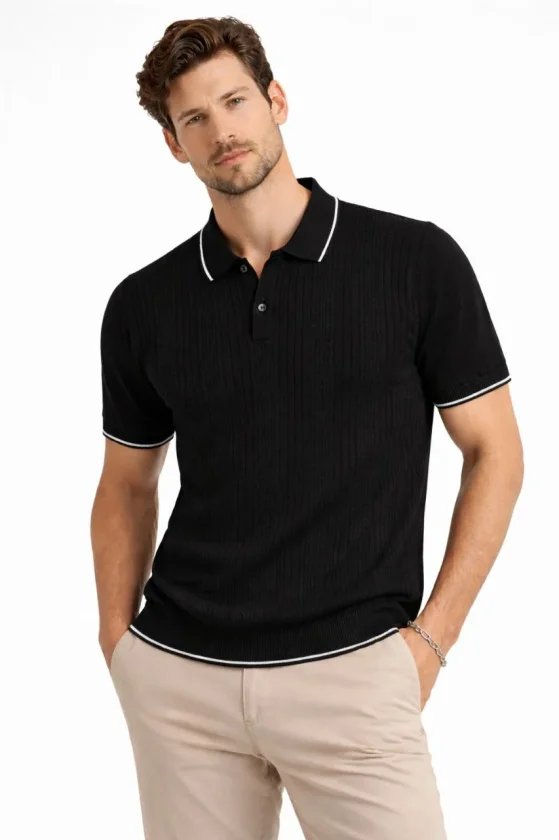 Erkek Düğmeli Yaka Triko Dokuma Tişört Desenli Yazlık  Şık Günlük Triko Tişört