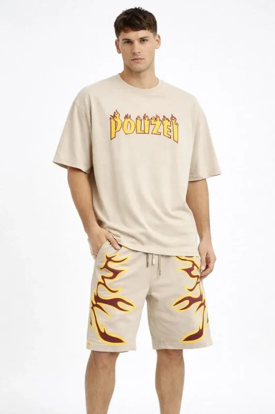 Erkek Bej Oversize Baskılı Tişört Şort Takım Cepli Şort Yazlık Rahat Günlük Kombin