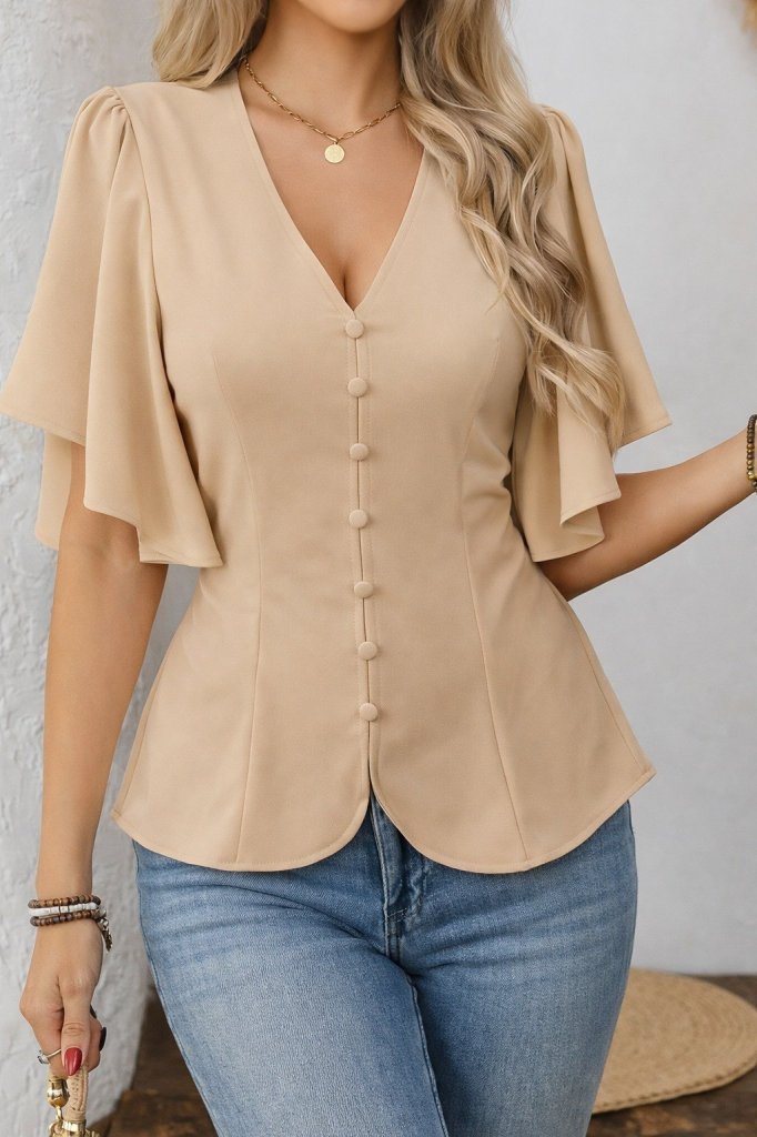 Kadın Kısa Kollu önden Düğmeli Ithal Krep Bluz