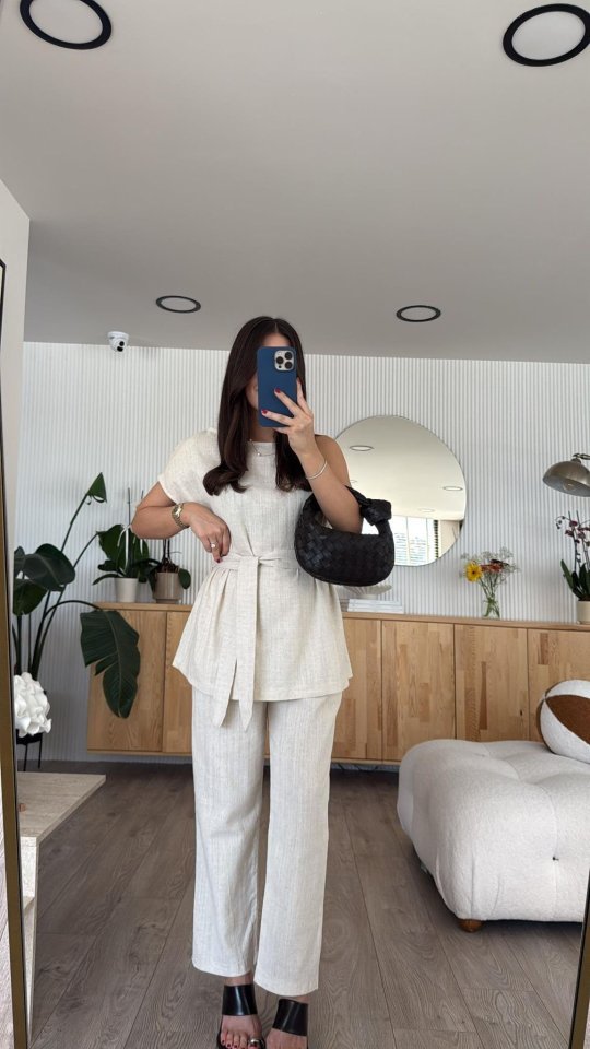 Kadın Omuz Detay Kuşak Dahil Bluz Ve Pantolon Keten Kumaş Ikili Takım