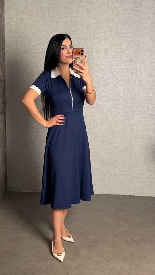 Kadın Kısa Kollu Ribana Ve Fermuar Detay Midi Boy Elbise