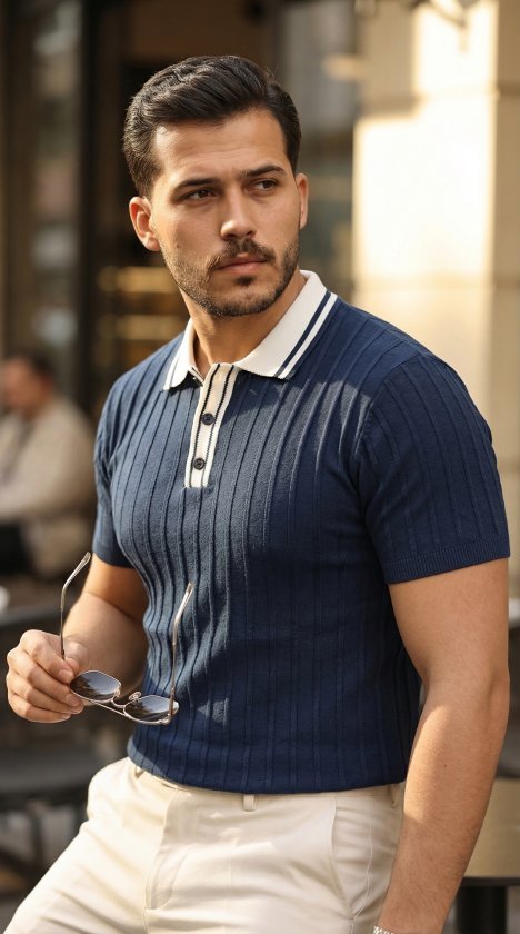 Erkek Düğme Yakalı Kontrast Yaka Triko Tişört