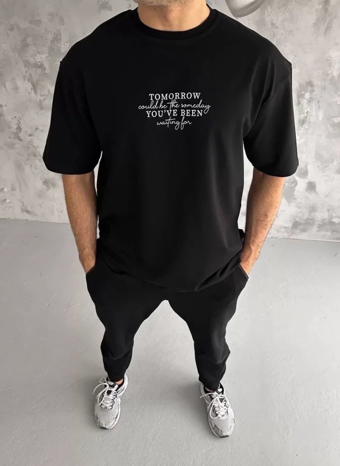 Unisex Bisiklet Yaka Baskılı Oversize T-Shirt