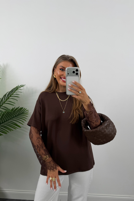 Kadın Bisiklet Yaka Kolları Dantel Güpür Detay Bluz