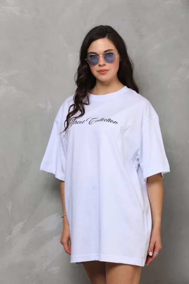 Unisex Bisiklet Yaka Baskılı Oversize T-Shirt
