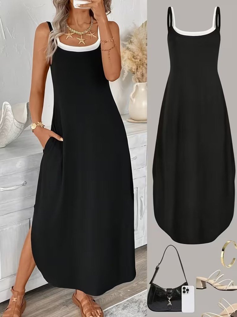 Kadın Ip Askılı Yuvarlak Yakalı Cepli Uzun Viskon Elbise