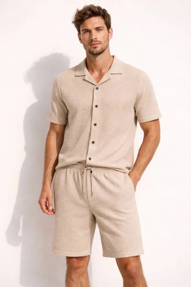 Erkek Waffle Kumaş Kısa Kollu Gömlek Şort Takım Regular Fit Yazlık İkili Set
