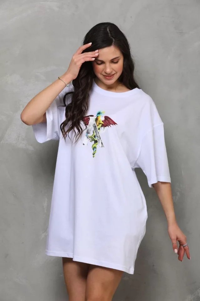 Unisex Bisiklet Yaka Baskılı Oversize T-Shirt