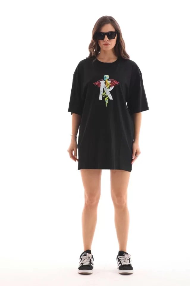 Unisex Bisiklet Yaka Baskılı Oversize T-Shirt