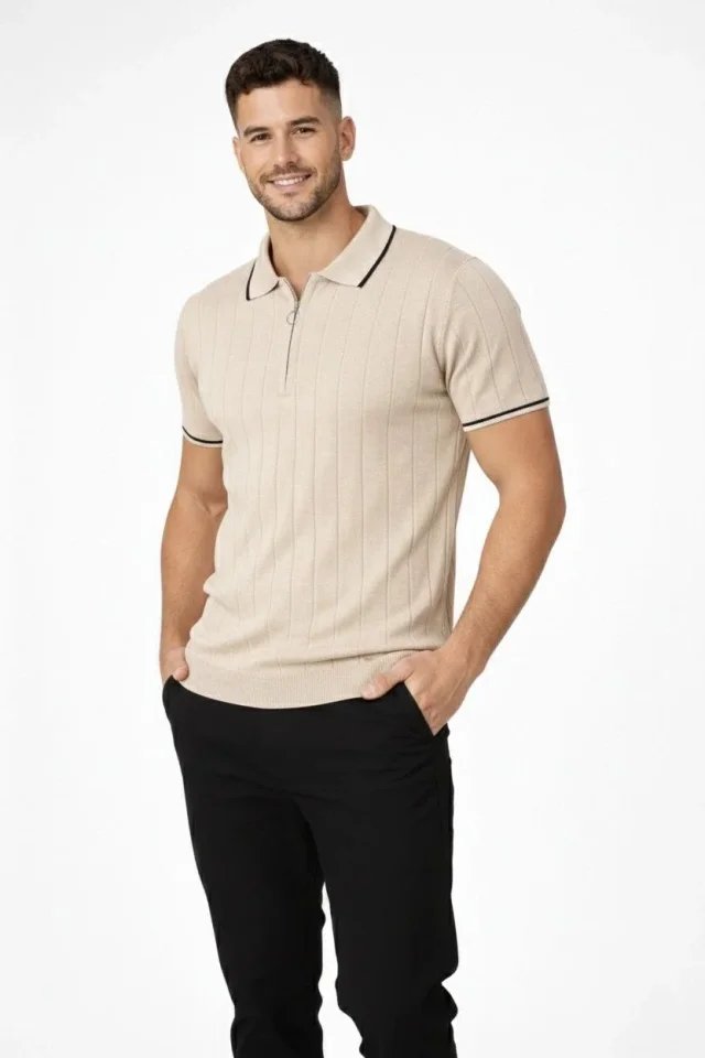 Erkek Fermuarlı Yaka Fitilli Triko Kısa Kollu Regular Fit Tişört T-shirt