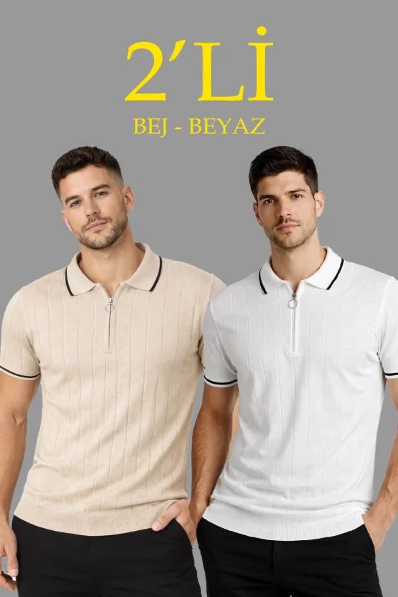 Erkek Dokuma Triko Tişört Fermuar Yakalı Yazlık Kısa Kol T-Shirt 2’li Set Bej-Beyaz