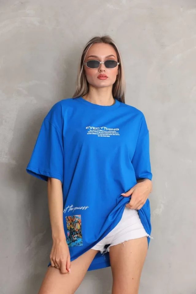 Unisex Bisiklet Yaka Baskılı Oversize T-Shirt