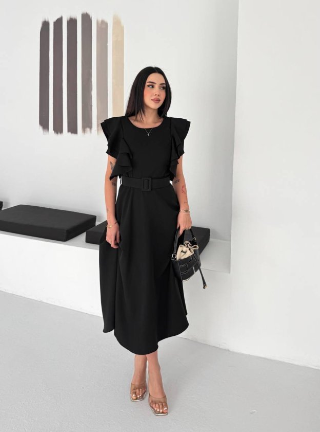 Kadın Bisiklet Yaka Kollar Fırfırlı Kemer Dahil Double Kumaş Midiboy Elbise