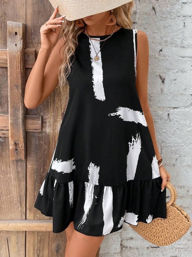 Kadın Kolsuz Bisiklet Yaka Arkadan Fiyonklu Süprem Kısa Elbise