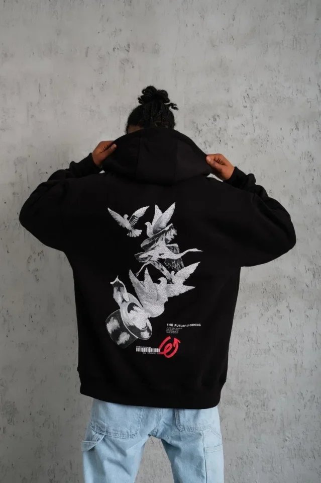 Erkek Şapkalı Güvercin Baskılı Kapşonlu Sweat