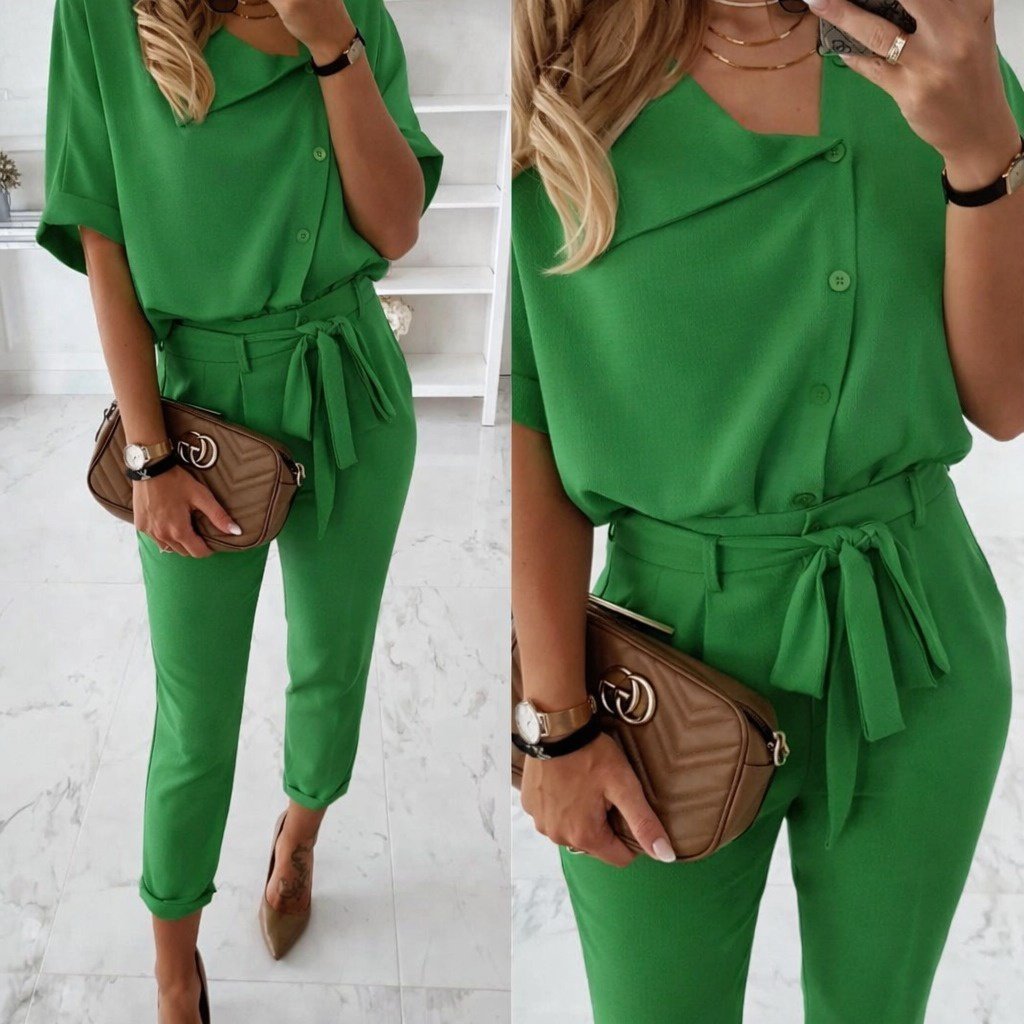 Kadın Kısa Kollu Yakalı önden Düğmeli Bürümcük Bluz Ve Pantolon Ikili Takım