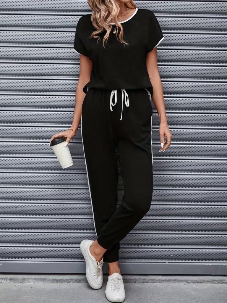 Kadın Kısa Kollu Yuvarlak Yakalı şerit Detaylı Viskon Iki Iplik Bluz Ve Pantolon Ikili Takım