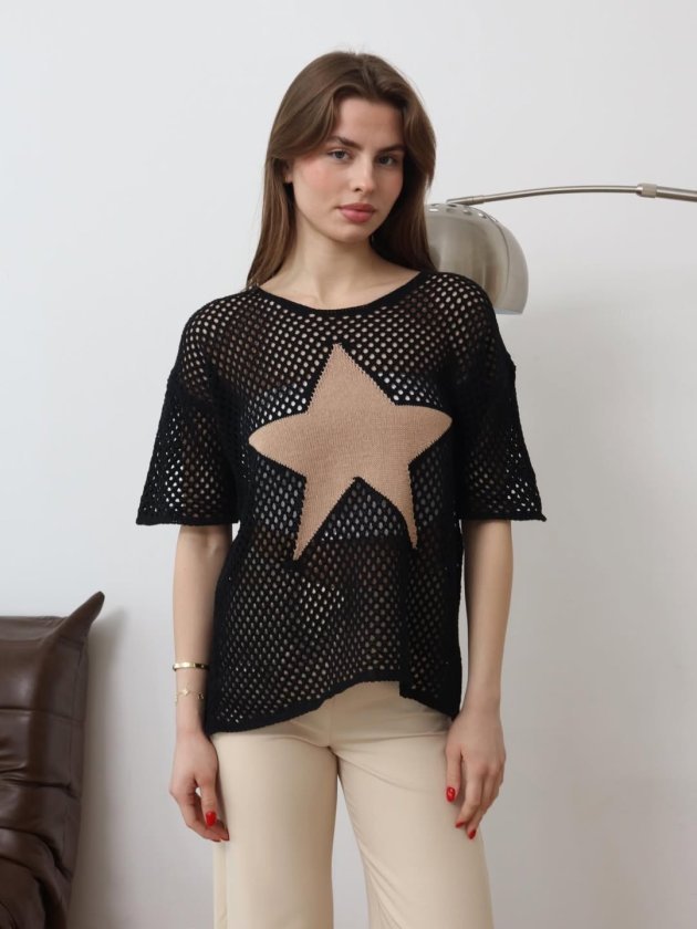 Kadın önü Yıldız Desenli File Triko Bluz