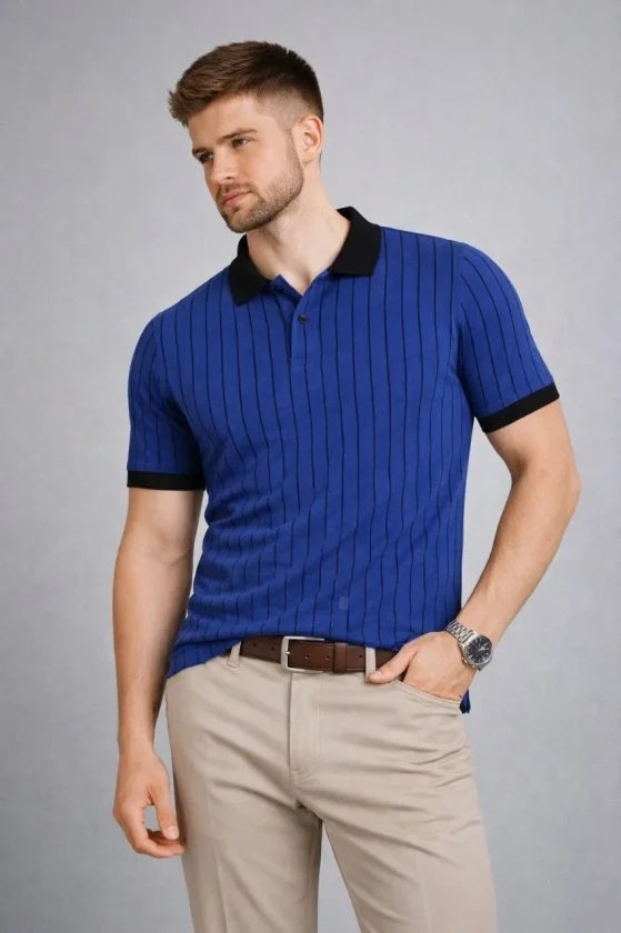 Erkek Polo Yaka Çizgili Tişört Kısa Kol Düğmeli Yazlık T-Shirt