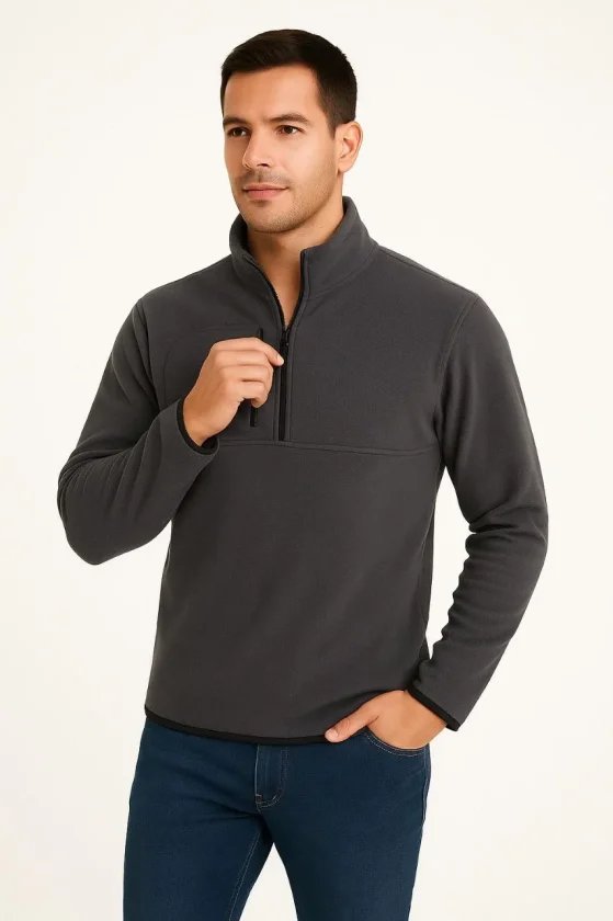 Erkek Polar Kazak Dik Yaka Yarım Fermuarlı Fermuarlı Göğüs Cepli Siyah Biyeli