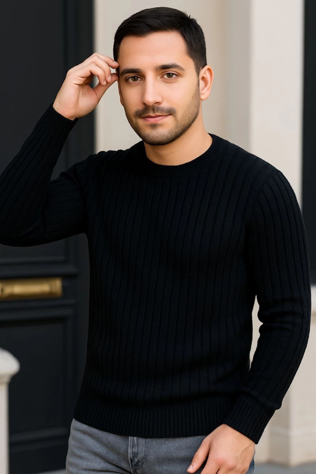 Erkek Bisiklet Yuvarlak Yaka Triko Kazak Pamuklu Kalın Fitilli Dokuma, Regular Fit Uzun Kollu Kışlık Model