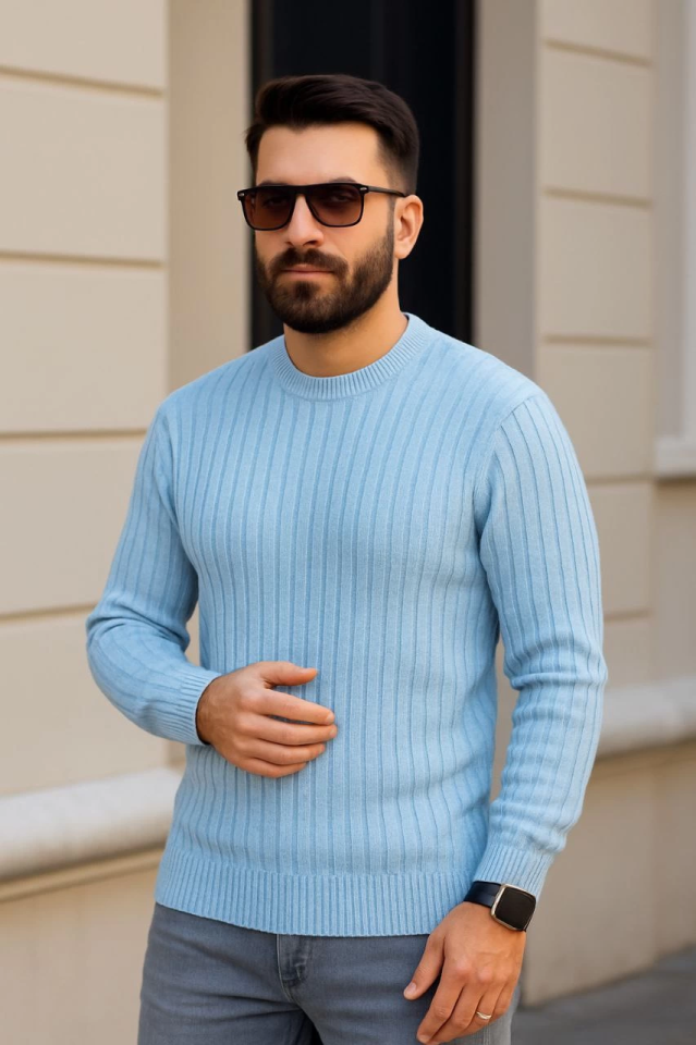 Erkek Bisiklet Yuvarlak Yaka Triko Kazak Pamuklu Kalın Fitilli Dokuma, Regular Fit Uzun Kollu Kışlık Model