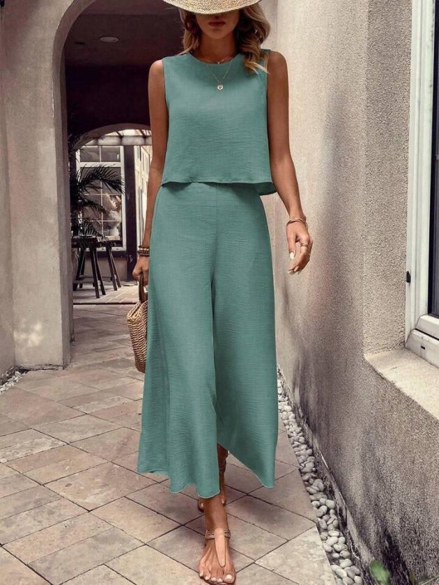 Kadın Geniş Paça Pantolon Ve Bluzlu Aerobin Kumaş Ikili Takım