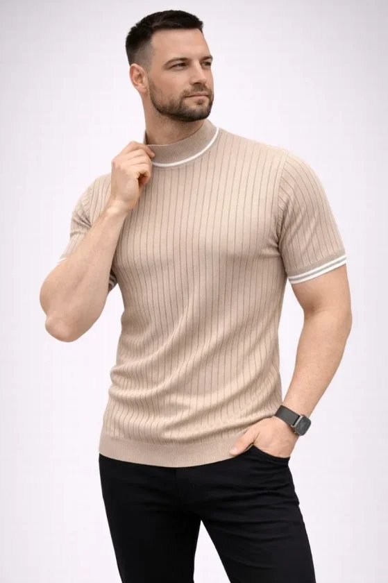 Erkek Fitilli Triko Dokuma Kısa Kol Tişört Yarım Boğaz Modern Yazlık T-Shirt